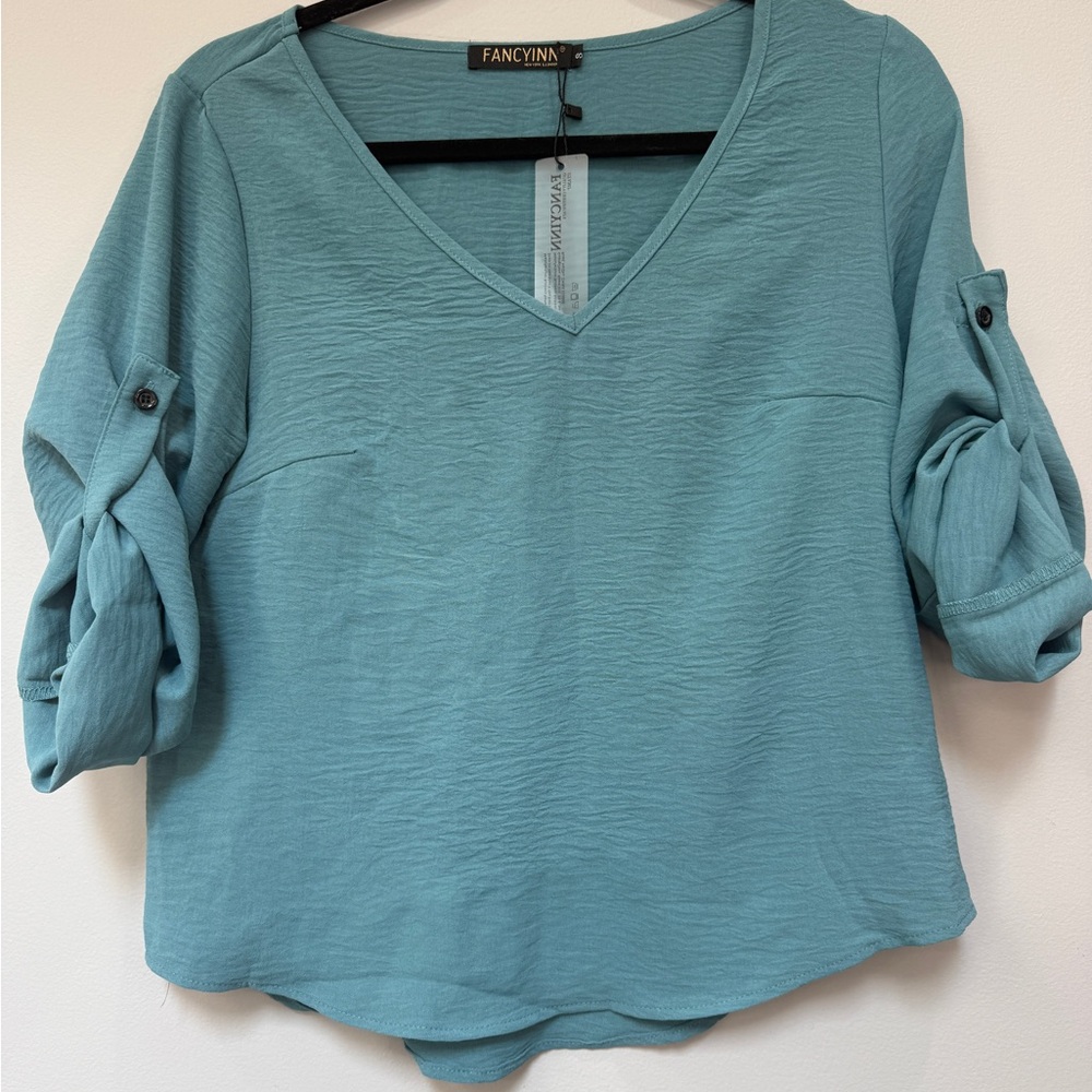 Fancyinn Women’s Teal Blue V-Neck Roll Tab Sleeve Blouse Top NWT